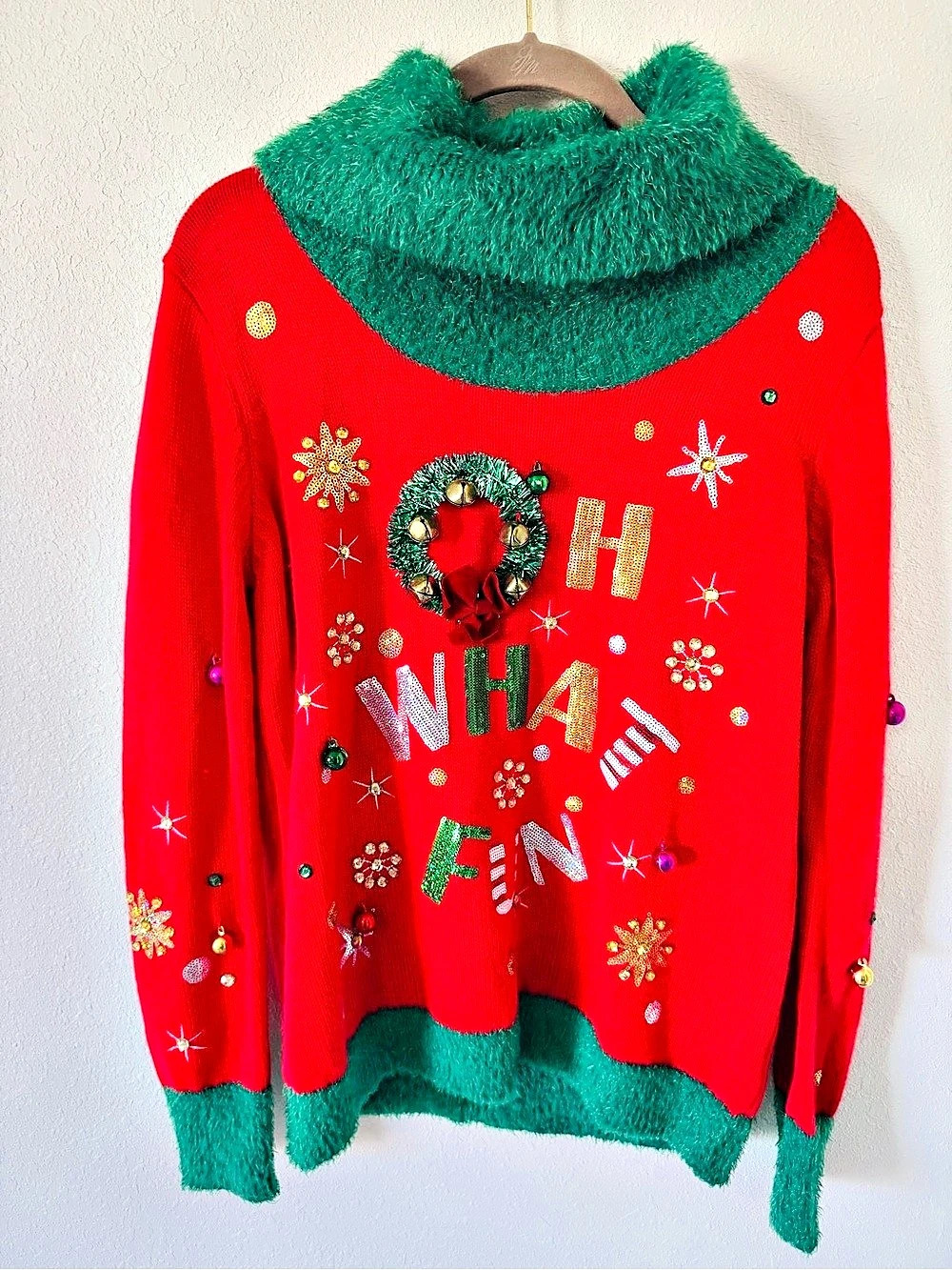 Holiday Time Oh What Fun Ugly Christmas Sweater Red & Green Medium